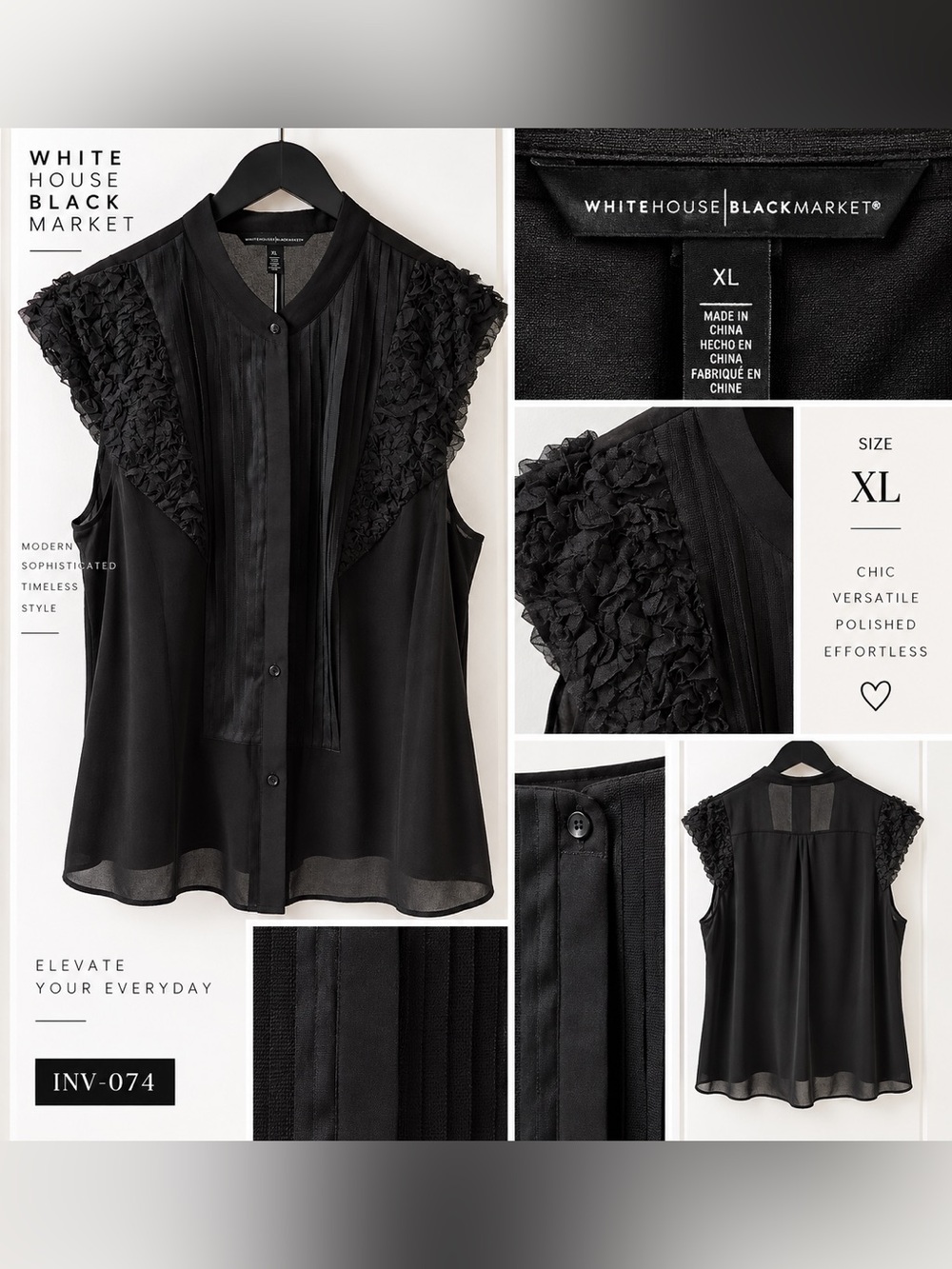 White House Black Market Black Ruffle-Sleeve Button Front Blouse